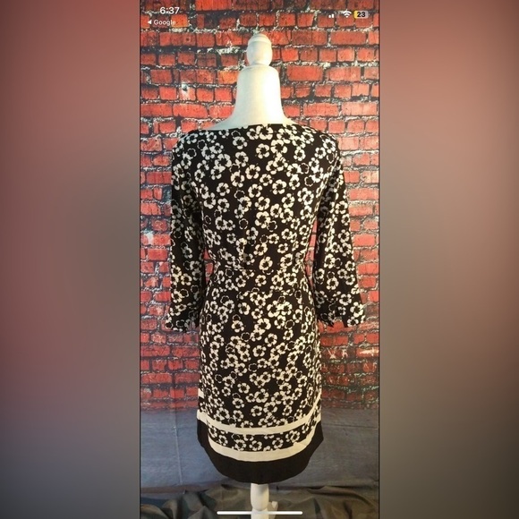 H&M Womens Size 10 Black White Floral Dress Tie Belt 3/4 Sleeve Knee Length - Picture 10 of 10